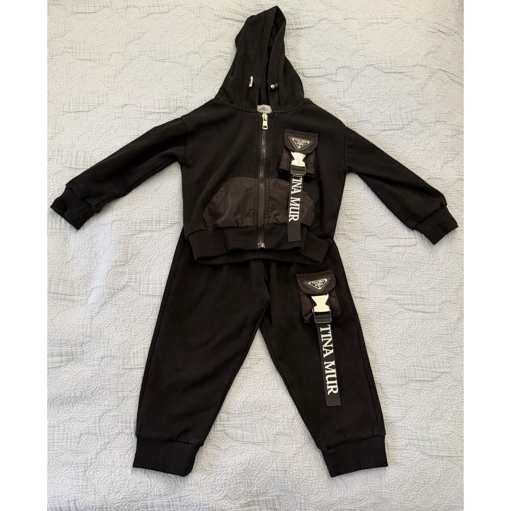 Tina Mur Kids Toddler Black Sweatpants‎ Hoodie Pant Sweatshirt Set Sz 2-3 2T 3T